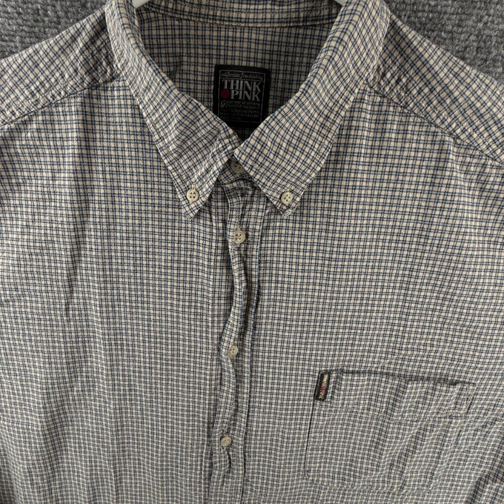 Think Pink Men Long Sleeve Button Up Shirt Blue Beige Check 2XL Pocket Adult